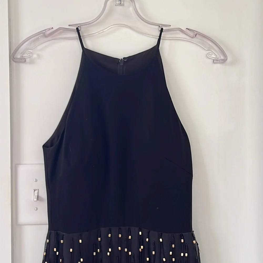 Badgley Mischka Sleeveless Beaded Fringe Column Gown Black/Gold Size 0 - Picture 5 of 11